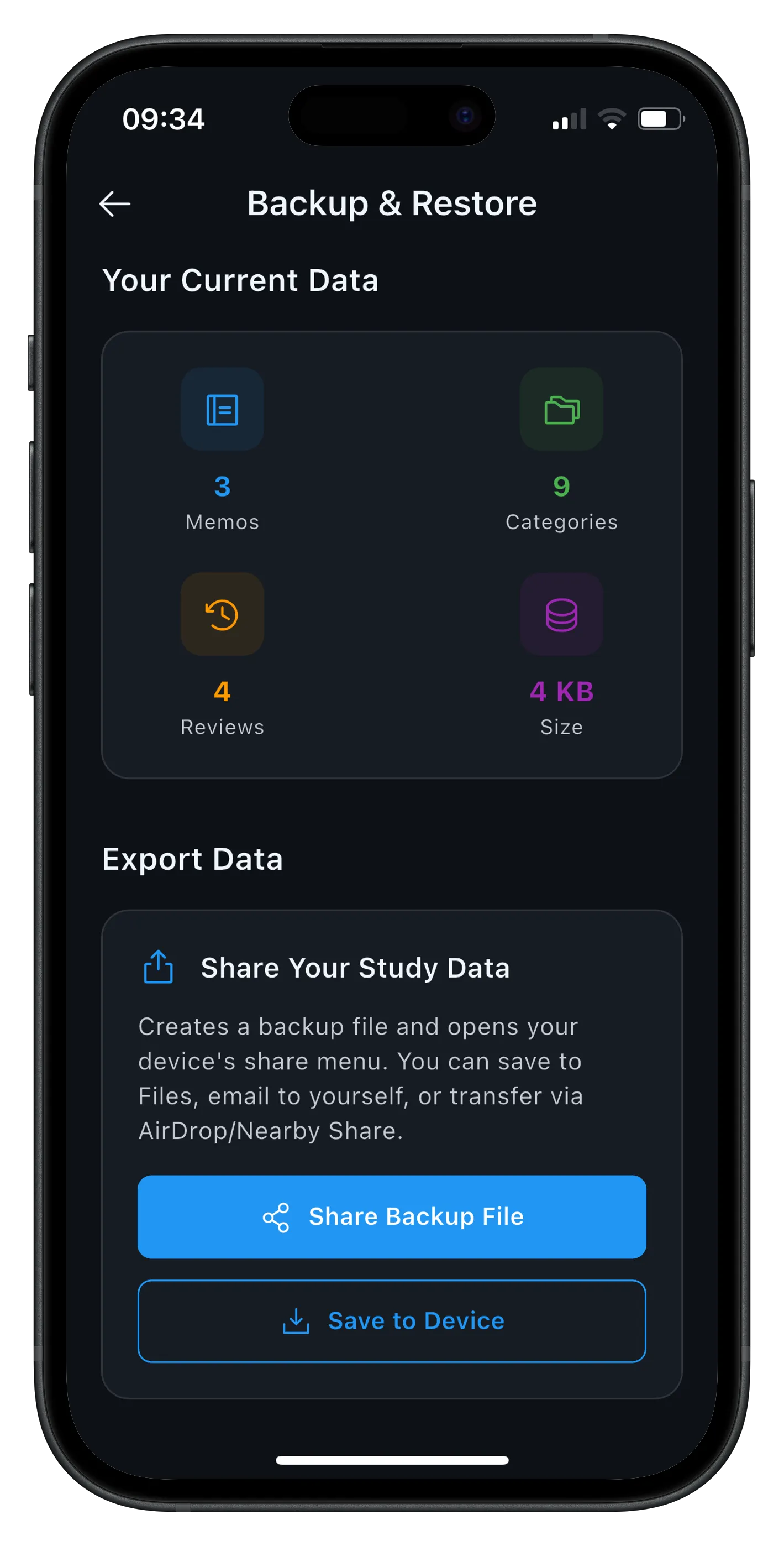 MemoriaKit backup and restore functionality