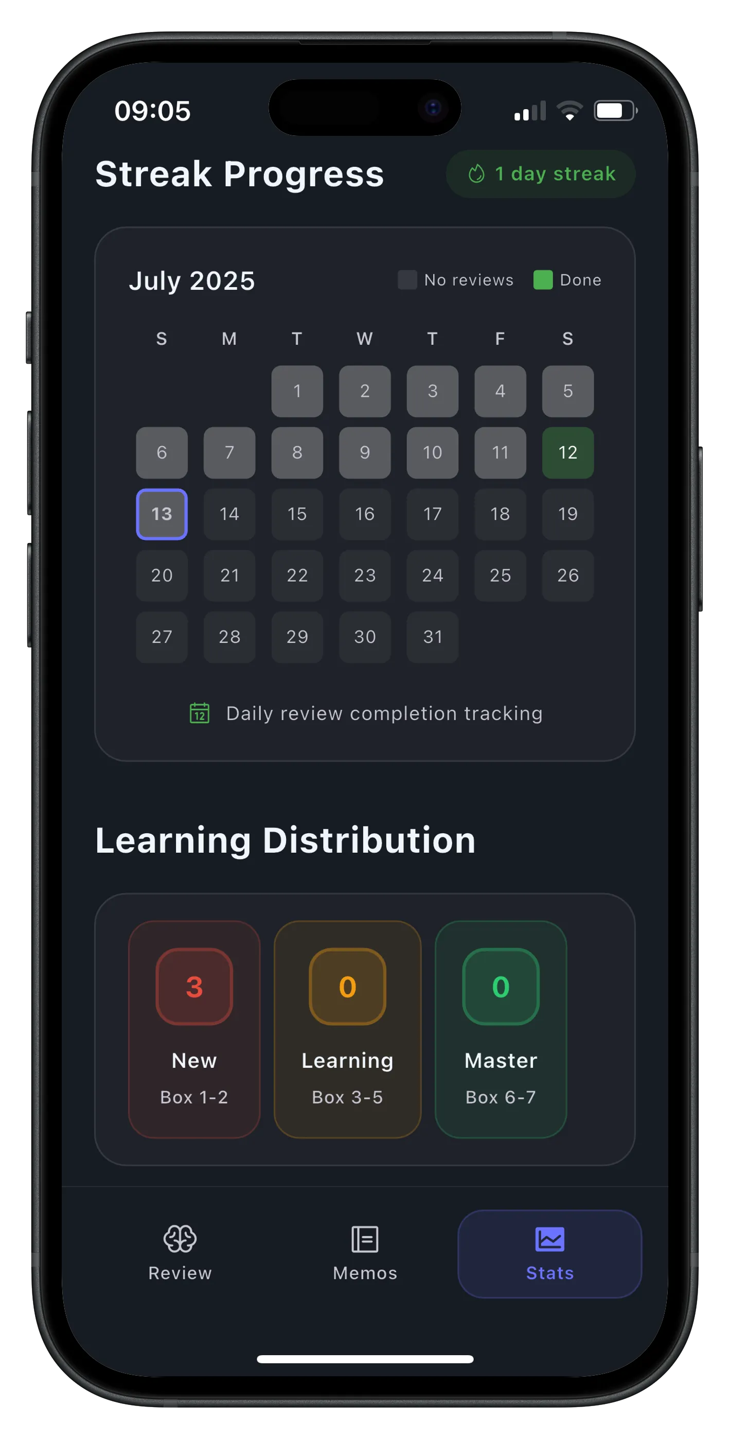 MemoriaKit learning streaks and achievements